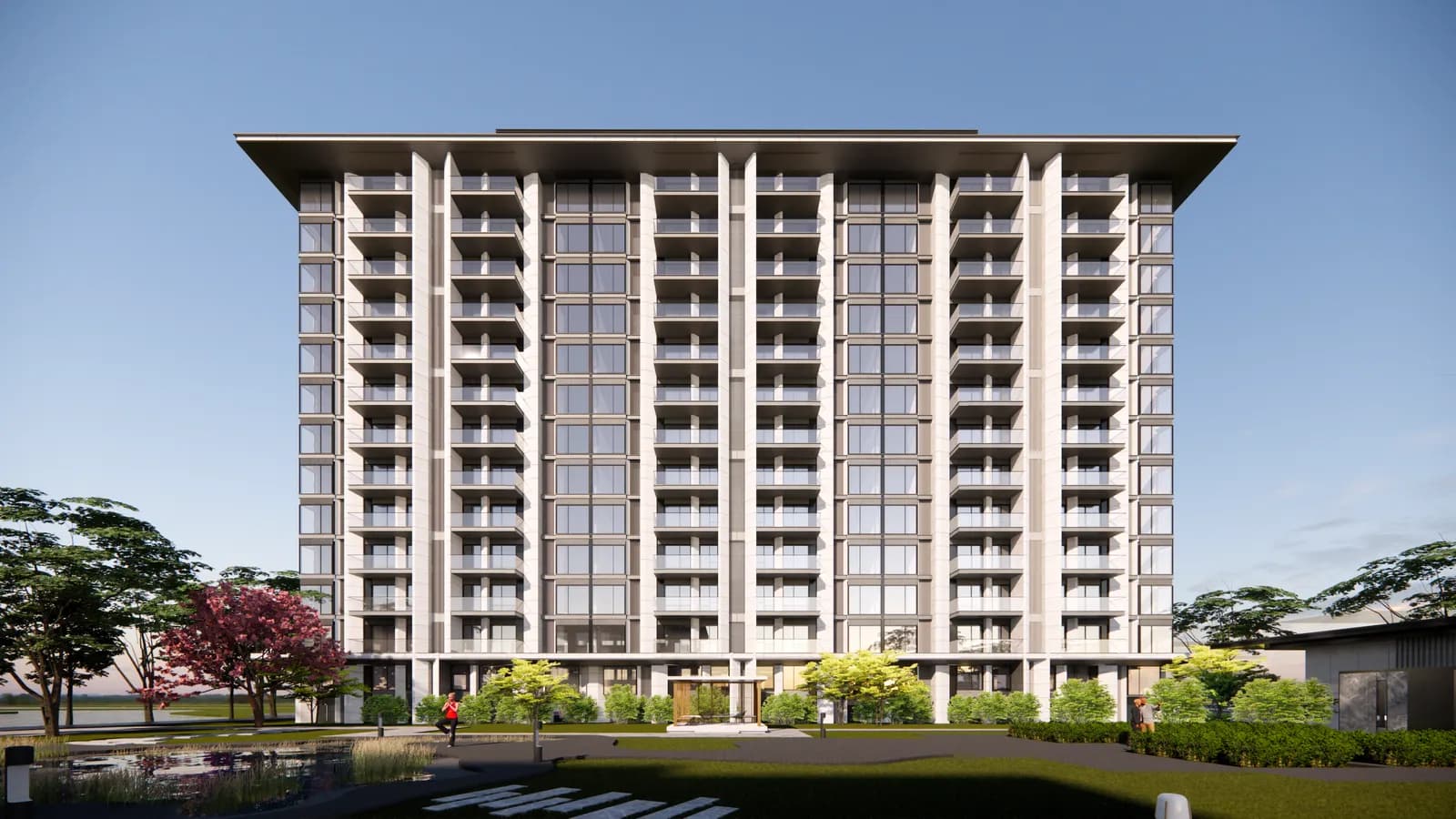 A modern high-rise residential apartment building